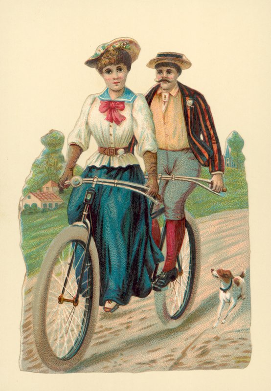 Donna e uomo che cavalcano un tandem da English School