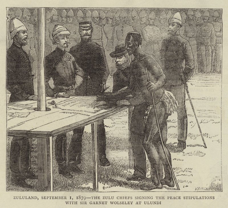 Zululand, 1 settembre 1879, i capi Zulu firmano le condizioni di pace con Sir Garnet Wolseley a Ulundi da English School