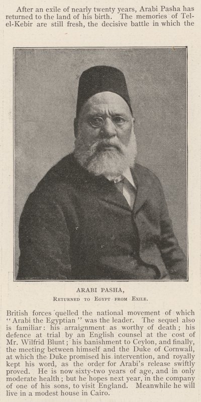 Arabi Pasha, tornato in Egitto dall