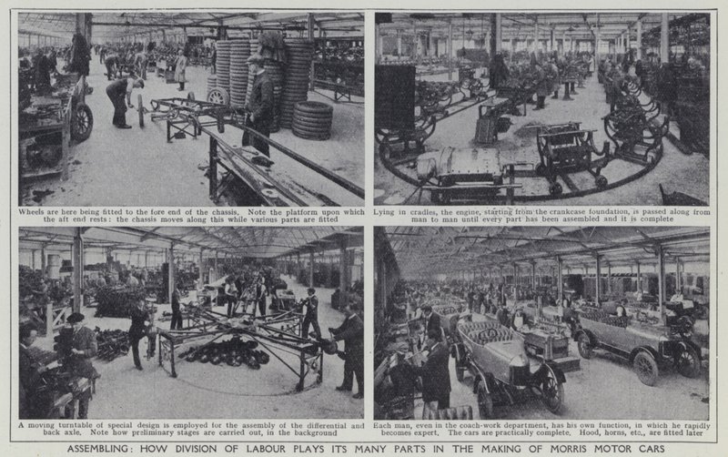 Assemblaggio, come la divisione del lavoro gioca le sue molte parti nella produzione delle auto Morris da English Photographer