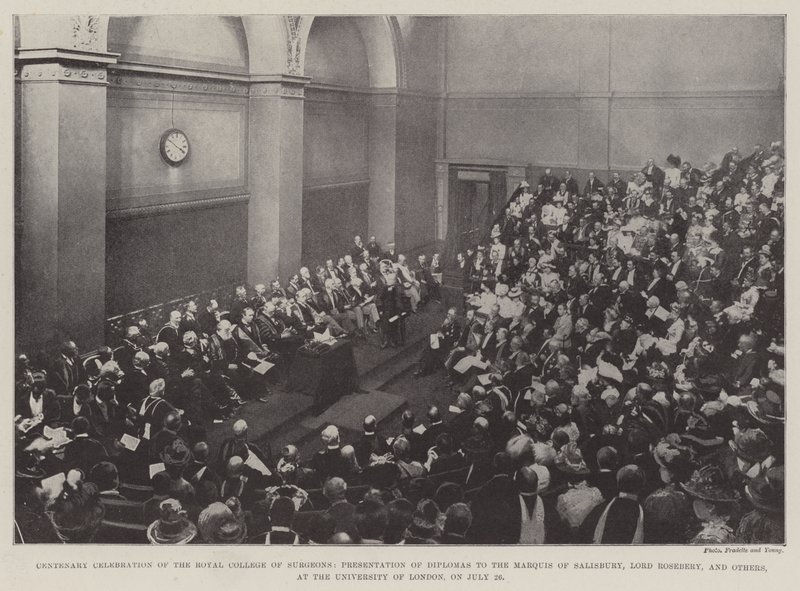 Celebrazione del centenario del Royal College of Surgeons, presentazione dei diplomi al Marchese di Salisbury, Lord Rosebery e altri, all