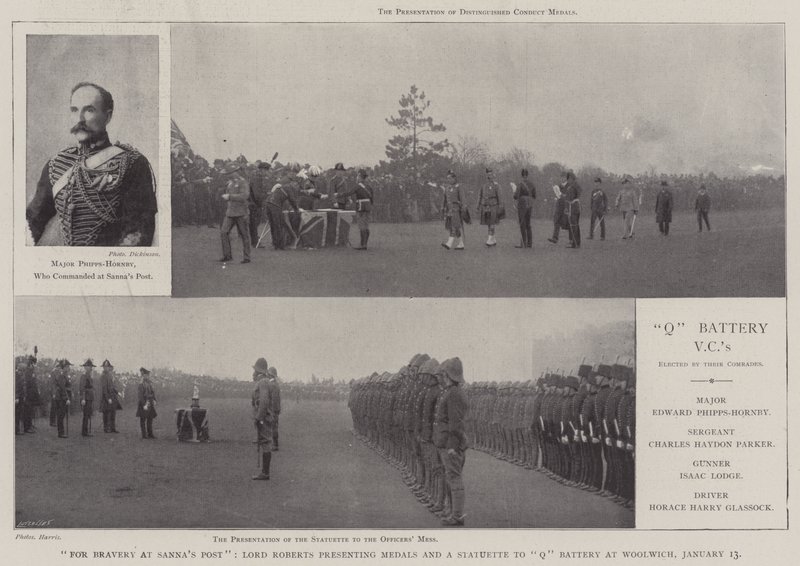 Per il coraggio a Sannas Post, Lord Roberts che presenta medaglie e una statuetta alla batteria Q a Woolwich, 13 gennaio da English Photographer