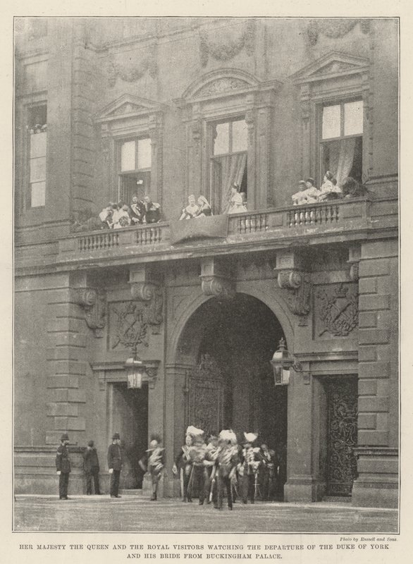 Sua Maestà la Regina e i Visitatori Reali che Guardano la Partenza del Duca di York e della Sua Sposa da Buckingham Palace da English Photographer