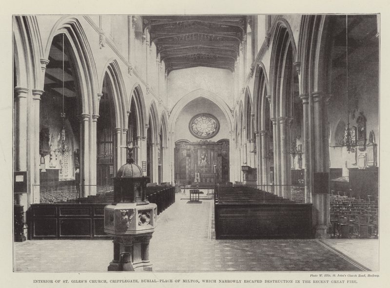 Interno della Chiesa di St Giles, Cripplegate, luogo di sepoltura di Milton, che ha evitato per poco la distruzione nel recente grande incendio da English Photographer