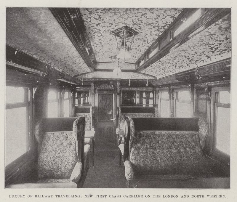 Lusso del viaggio in treno, nuova carrozza di prima classe sulla London and North Western da English Photographer