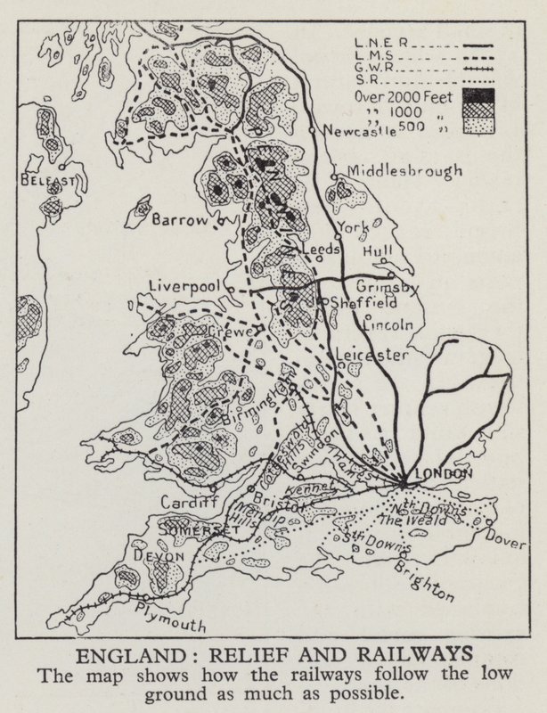 Mappa che mostra come le ferrovie in Inghilterra seguono il terreno basso il più possibile da English Photographer