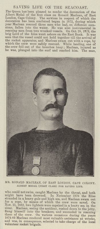 Il signor Ronald Maclean, di East London, Cape Colony, medaglia Albert (prima classe) per il salvataggio di vite da English Photographer