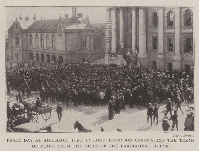 Il giorno della pace ad Adelaide, 2 giugno, Lord Tennyson annuncia i termini della pace dai gradini del Parlamento da English Photographer