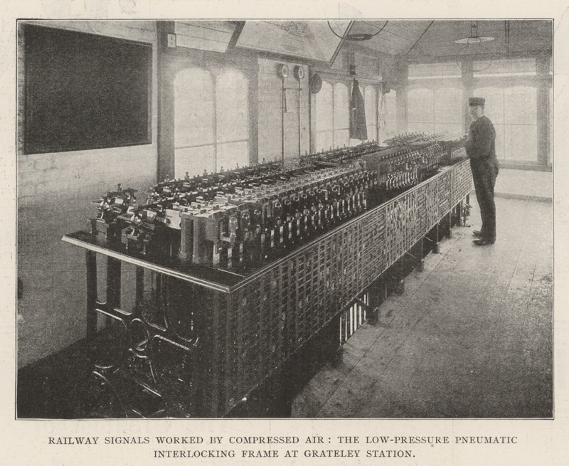 Segnali ferroviari azionati ad aria compressa, il telaio di interblocco pneumatico a bassa pressione alla stazione di Grateley da English Photographer