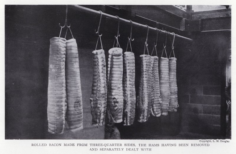 Bacon arrotolato fatto da tre quarti di lati, i prosciutti sono stati rimossi e trattati separatamente da English Photographer