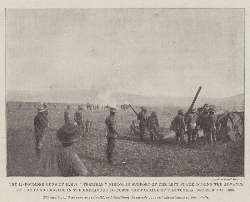 I cannoni da 12 libbre della HMS Terrible che sparano a sostegno del fianco sinistro durante l