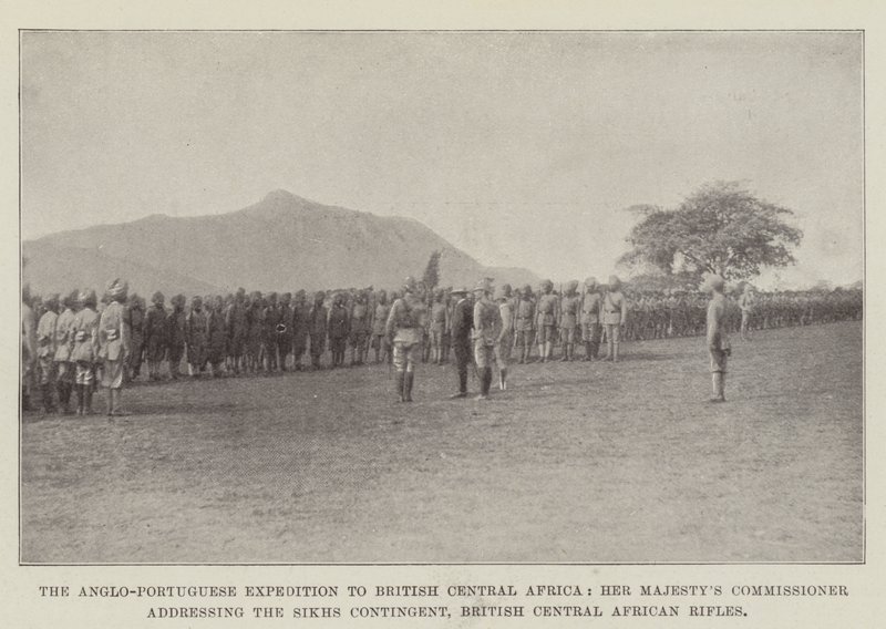 La spedizione anglo-portoghese in Africa Centrale Britannica, il commissario di Sua Maestà che si rivolge al contingente Sikh, fucilieri dell