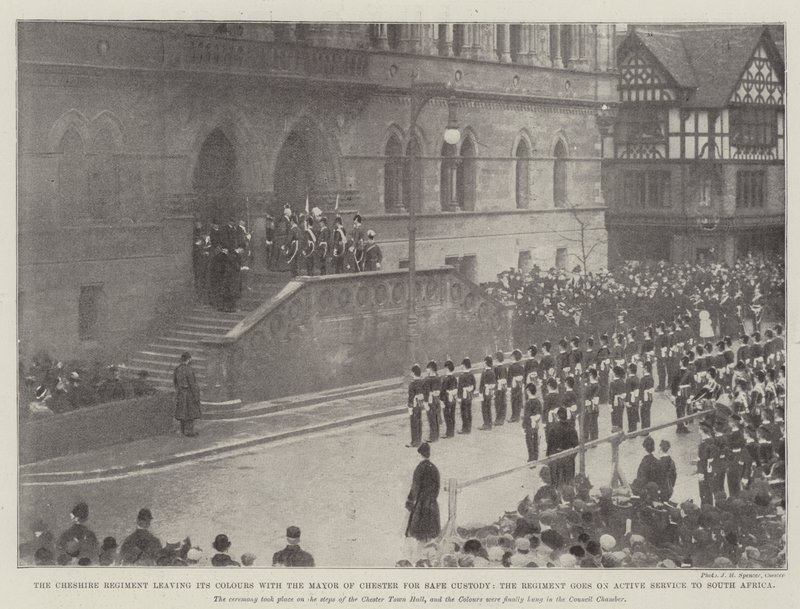 Il reggimento del Cheshire lascia i suoi colori al sindaco di Chester per la custodia sicura, il reggimento va in servizio attivo in Sudafrica da English Photographer