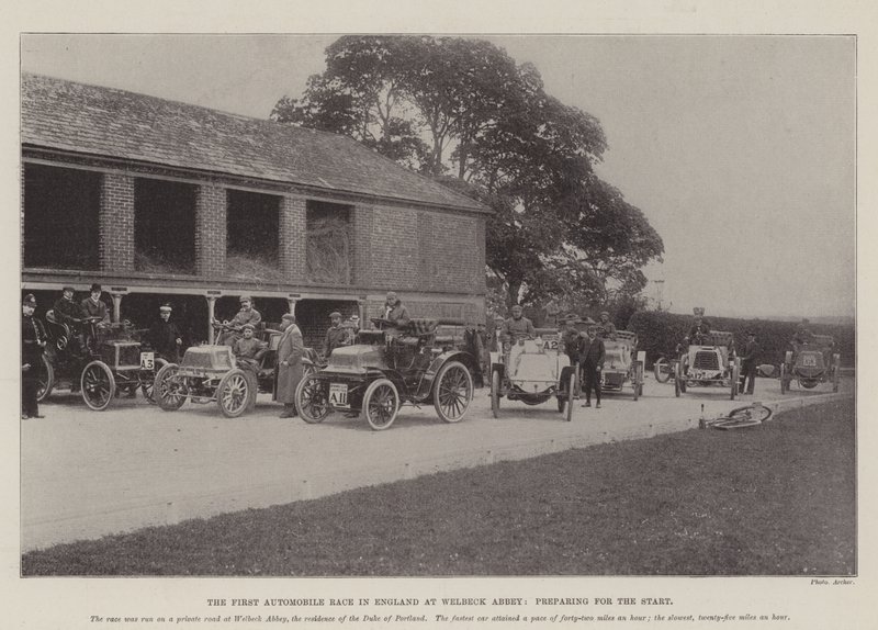 La prima gara automobilistica in Inghilterra a Welbeck Abbey, preparativi per la partenza da English Photographer