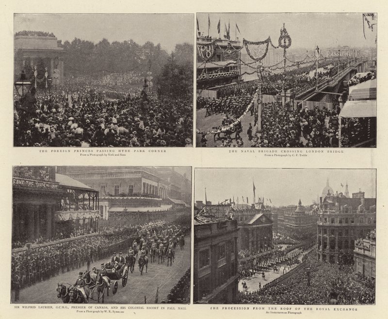 I principi stranieri che passano per Hyde Park Corner, Sir Wilfrid Laurier, GCMG, premier del Canada, e la scorta coloniale a Pall Mall, la brigata navale che attraversa il London Bridge, la processione dal tetto del da English Photographer