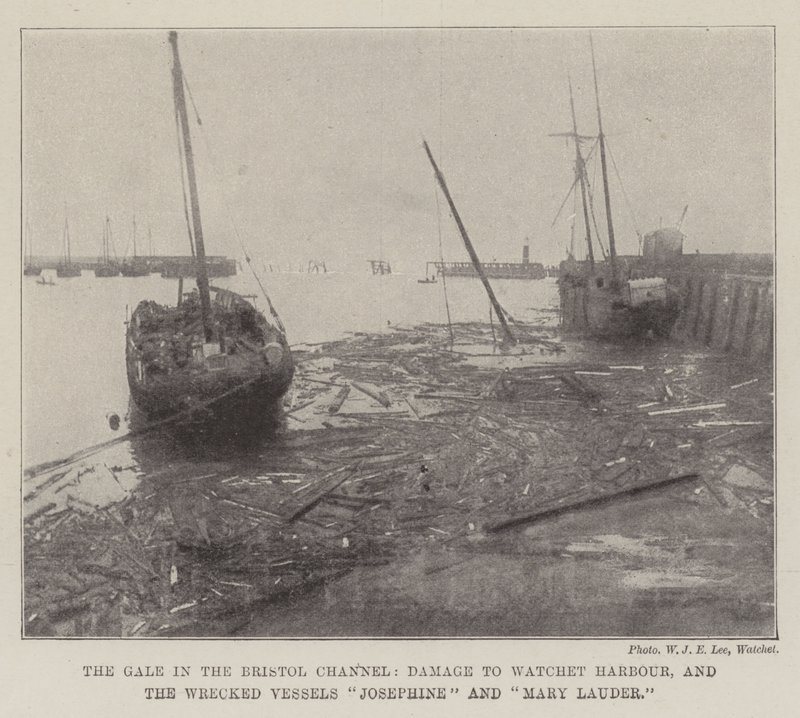 La tempesta nel Canale di Bristol, danni al porto di Watchet e le navi naufragate Josephine e Mary Lauder da English Photographer