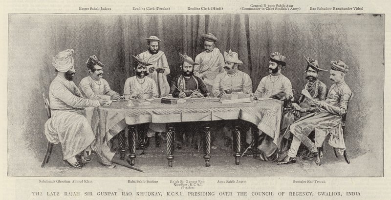 Il defunto Rajah Sir Gunpat Rao Khudkay, KCSI, presiede il Consiglio di Reggenza, Gwalior, India da English Photographer