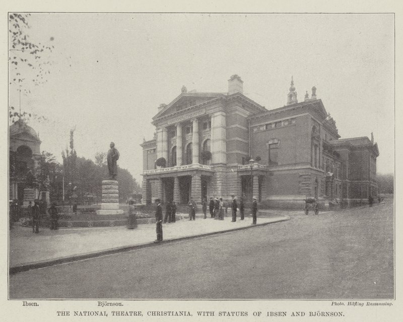 Il Teatro Nazionale, Christiania, con statue di Ibsen e Bjornson da English Photographer