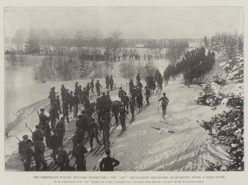 Le manovre militari invernali norvegesi, il distaccamento di sciatori che ritorna ai quartieri dopo una finta battaglia da English Photographer