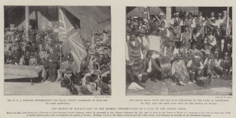 Il dono del principe di Galles ai Maori, presentazione di una bandiera alla tribù Arawa da English Photographer