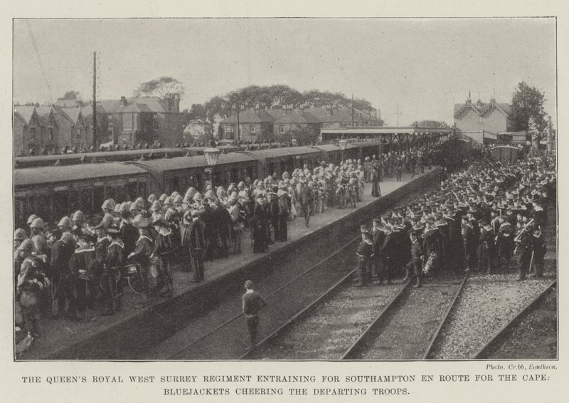 Il Reggimento Reale del Surrey Occidentale della Regina in treno per Southampton in rotta per il Capo, Marinai che salutano le Truppe in Partenza da English Photographer