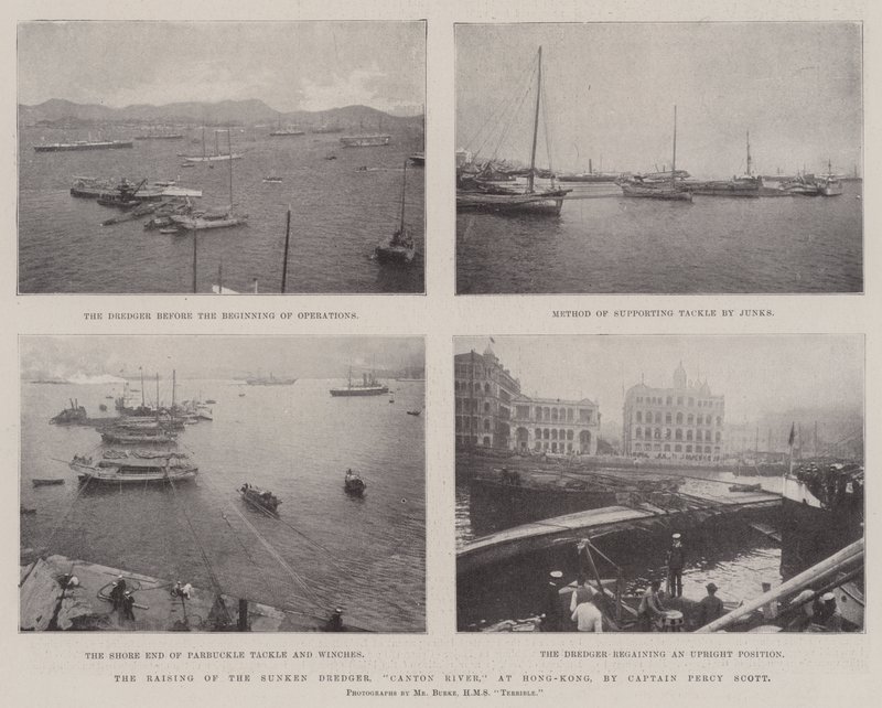 Il recupero della draga affondata, Fiume Canton, a Hong Kong, da parte del Capitano Percy Scott da English Photographer