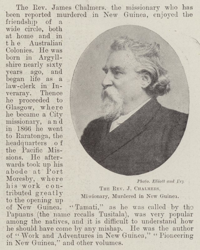 Il reverendo J Chalmers, missionario, assassinato in Nuova Guinea, aprile 1901 da English Photographer