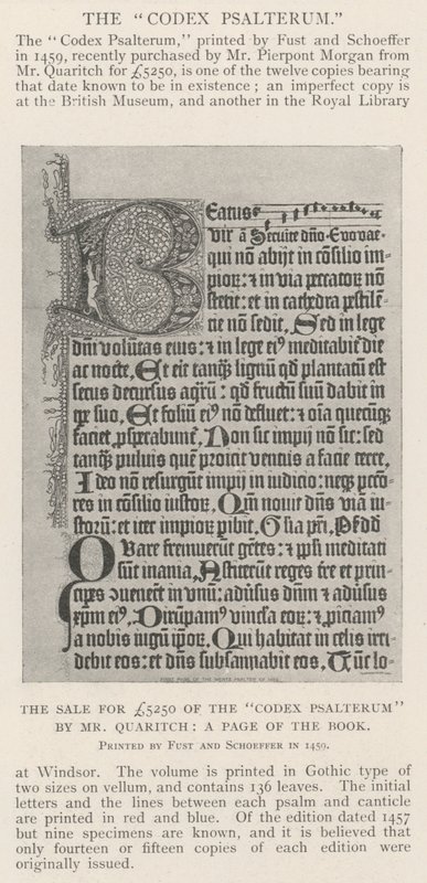 La vendita per £5250 del Codex Psalterum da parte del Signor Quaritch, una pagina del libro da English Photographer