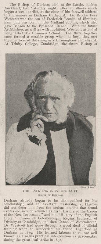 Il defunto Dr B F Westcott, vescovo di Durham da English Photographer