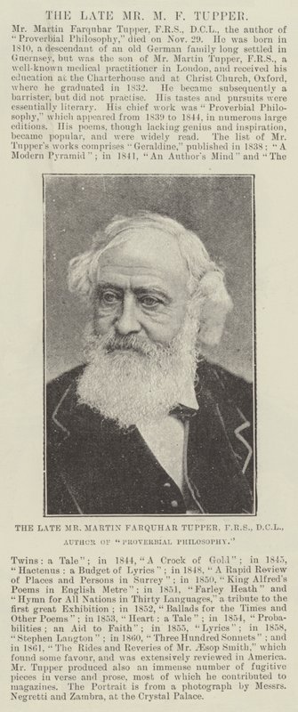 Il defunto Sig. Martin Farquhar Tupper, FRS, DCL, Autore di Proverbial Philosophy da English Photographer
