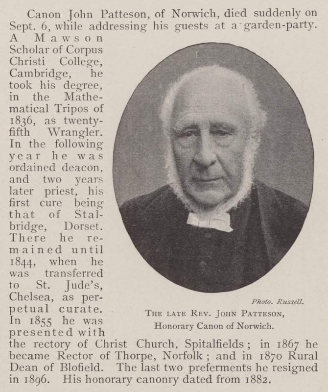 Il defunto reverendo John Patteson, canonico onorario di Norwich da English Photographer