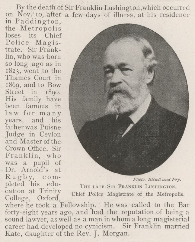 Il defunto sir Franklin Lushington, capo magistrato di polizia della metropoli da English Photographer