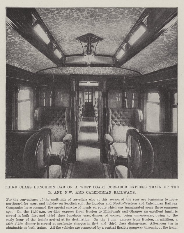 Carrozza ristorante di terza classe su un treno espresso del West Coast Corridor delle ferrovie L e NW e Caledonian da English Photographer