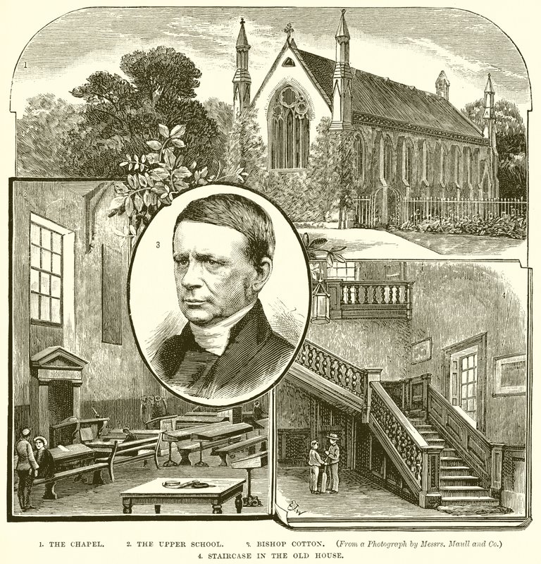1. La cappella. 2. La scuola superiore. 3. Vescovo Cotton. 4. Scala nella vecchia casa da English School