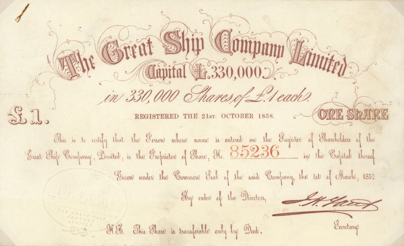 Certificato di una quota da £1 emesso dalla The Great Ship Company Limited da English School