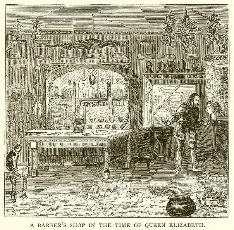 Una bottega di barbiere al tempo della regina Elisabetta da English School