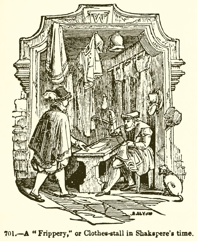 Una fripperia, o bancarella di vestiti al tempo di Shakespeare da English School