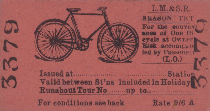 Abbonamento ferroviario della London, Midland and Scottish Railway per viaggiare con una bicicletta (litografia) da English School