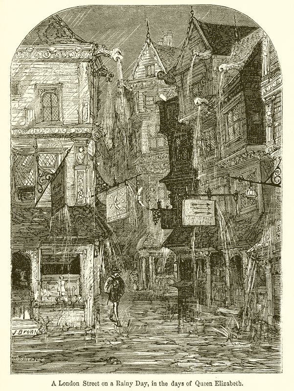 Una strada di Londra in un giorno di pioggia, ai tempi della regina Elisabetta da English School