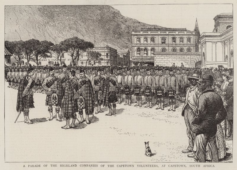 Una parata delle compagnie delle Highland dei volontari di Città del Capo, a Città del Capo, Sudafrica (incisione) da English School