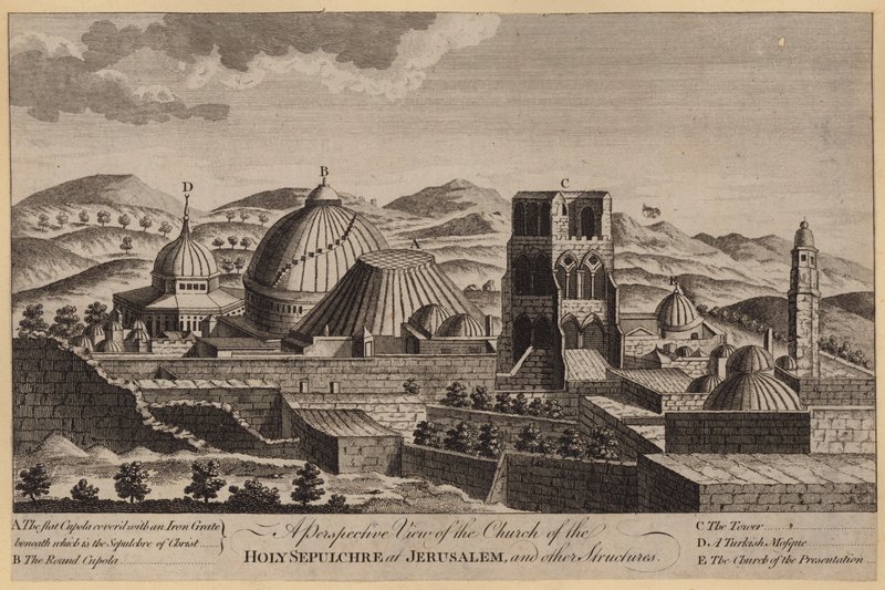 Veduta prospettica della Chiesa del Santo Sepolcro a Gerusalemme e altre strutture da English School
