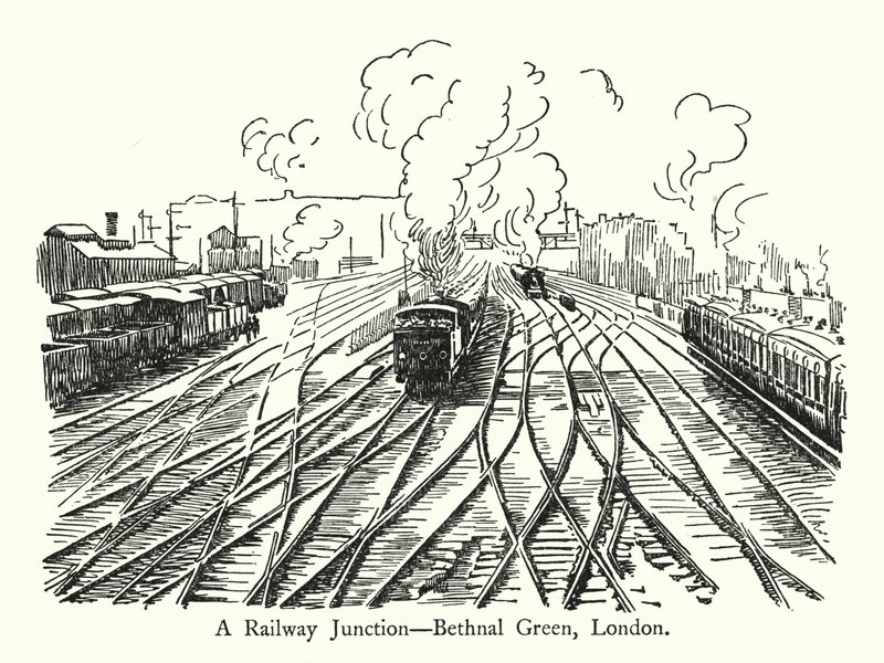 Un incrocio ferroviario, Bethnal Green, Londra (litografia) da English School