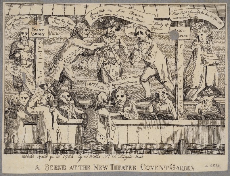 Una scena al Nuovo Teatro, Covent Garden: satira che raffigura un comizio politico a Covent Garden, Londra da English School