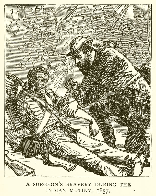 Il coraggio di un chirurgo durante la rivolta indiana, 1857 da English School
