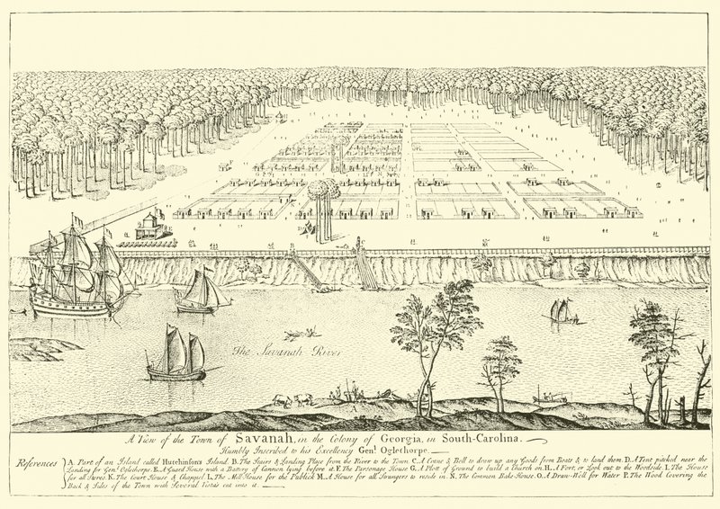 Veduta della città di Savanah, nella colonia della Georgia, in Carolina del Sud da English School