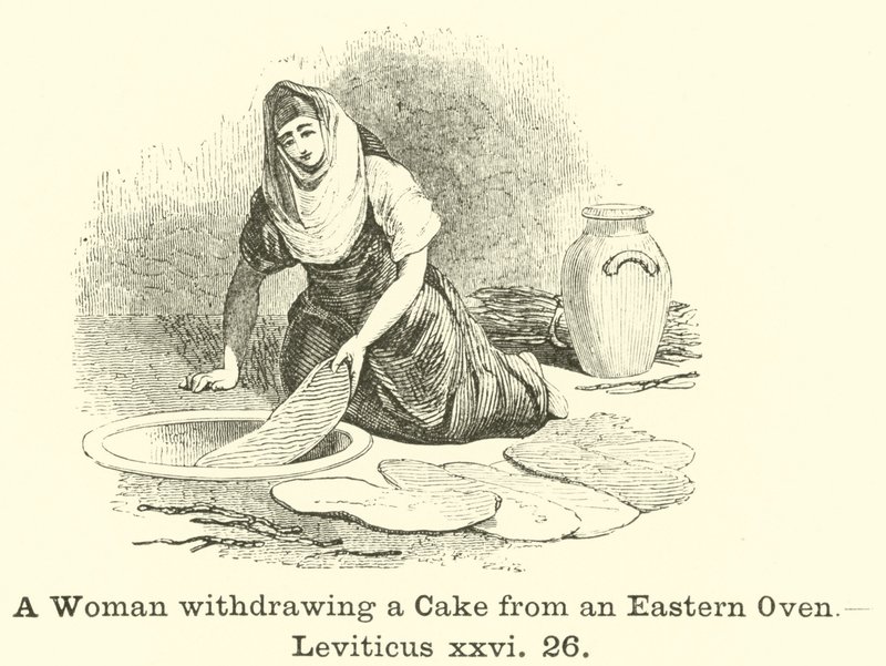 Una donna che ritira una torta da un forno orientale, Levitico, xxvi, 26 da English School
