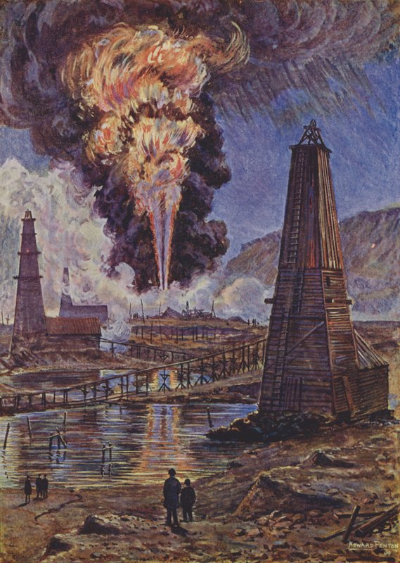 Un pozzo di petrolio in fiamme (litografia a colori) da English School