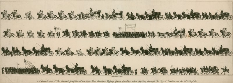 Vista corretta del corteo funebre della defunta Sua Maestà la Regina Carolina mentre passava per la Città di Londra il 14 agosto 1821 da English School