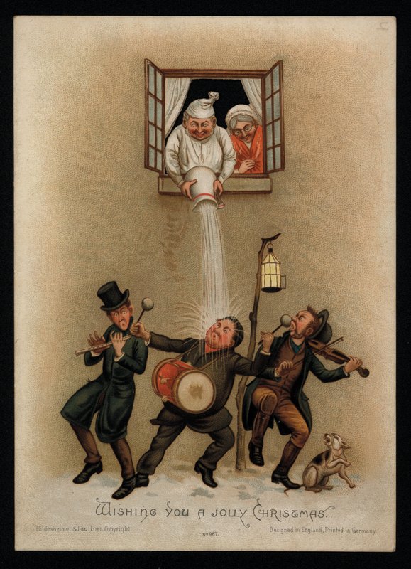 Una coppia che si oppone ai cantori di canti natalizi fuori dalla loro finestra, biglietto di auguri di Natale da English School
