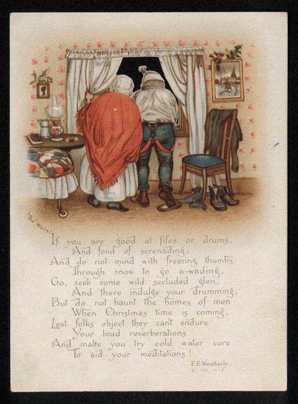 Una coppia che si oppone ai cantori di canti natalizi fuori dalla loro finestra, cartolina di auguri di Natale da English School
